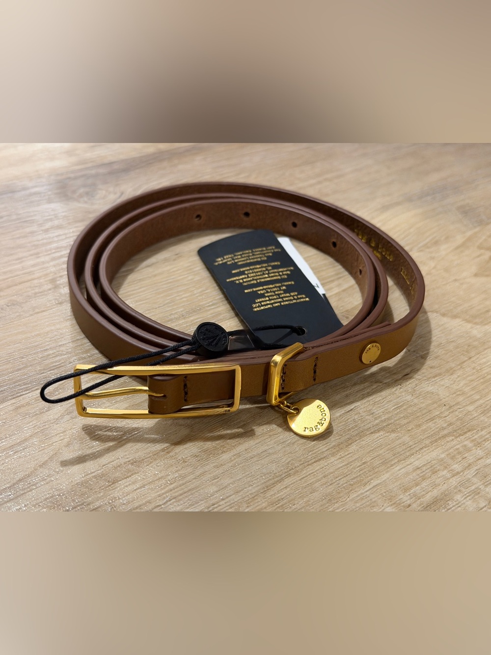 Rag and Bone Tan Leather Belt with Gold-Tone Buckle and Charm